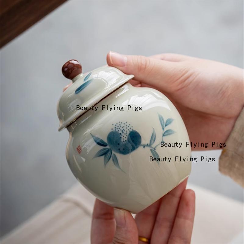 1pc Ceramic Tea Storage Jar Chinese Moisture-proof Sealed Jar Tea Box with Lid Hand Drawn Storage Container Household Items