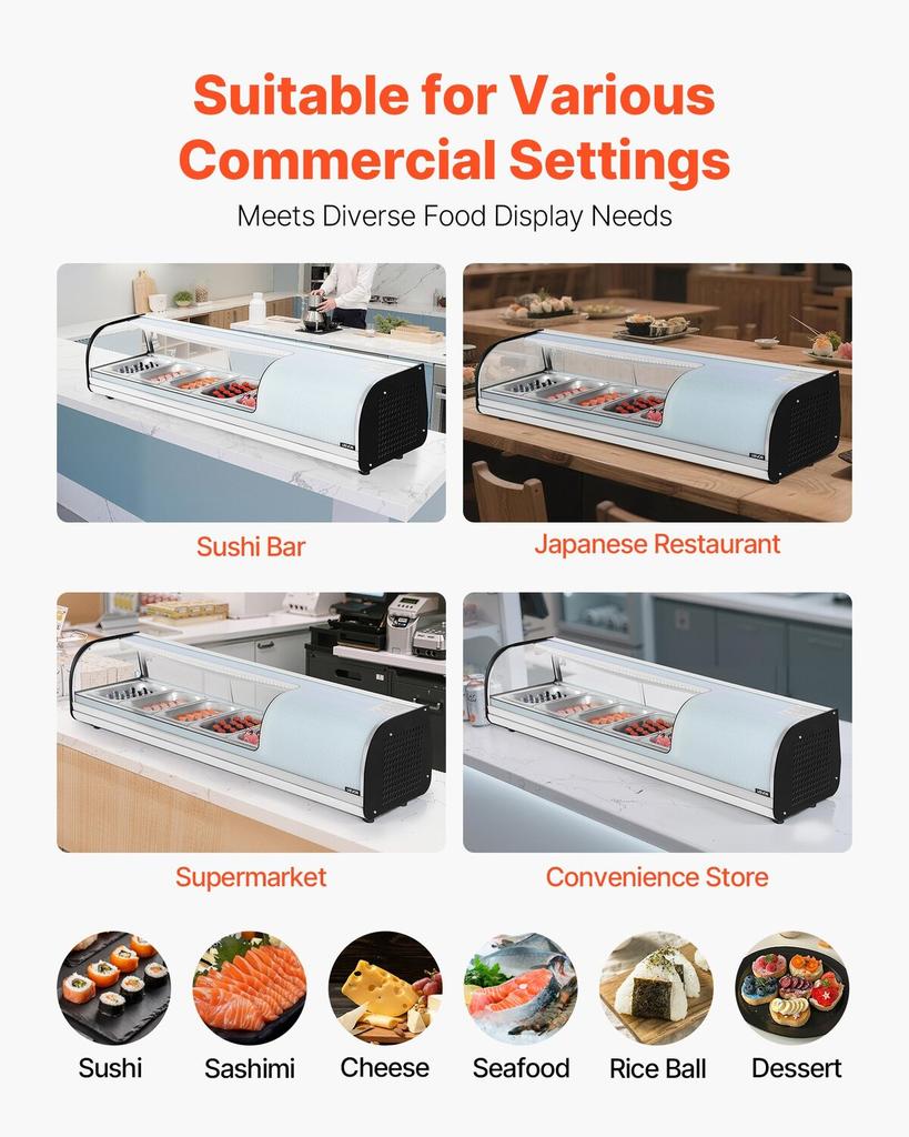 Sushi Display Case Refrigerator, 52L Commercial Sushi Case, 5-Pan Countertop Showcase with Curved Glass, LED Lighting, and Digital Temperature
