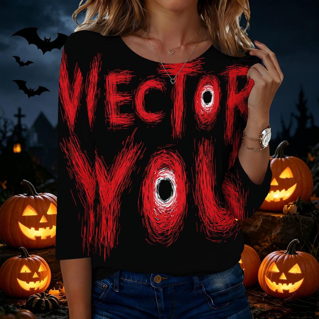 Women's Casual Round Neck Three Quarter Sleeve Halloween Print T Shirt Top Lightweight Comfortable Fit for Everyday Wear