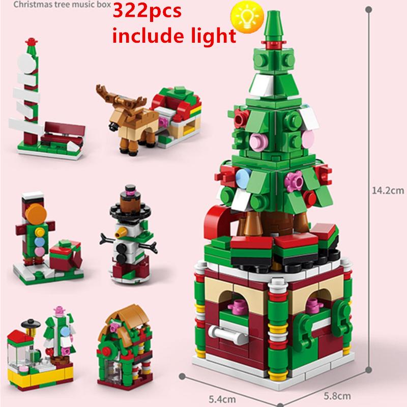 DIY Lights Christmas Tree Music Box Pink Gifts Train Elk Santa Claus Architecture Xmas Building Blocks Bricks Kits Toys