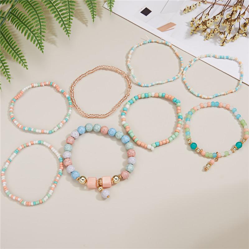 Fashion Retro Bohemian Rice Beads Stone Combination Set Bracelet For Women Hand Made Charm Square Beads Elastic Rope Bracelets