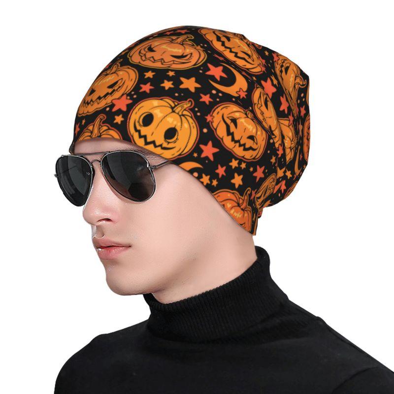 Halloween Kürbis Mond Sterne Mütze Warme Haube Kappe für Erwachsene Strickmütze Kopfbedeckung Slouchy Schal Skullies Mützen für Damen Herren