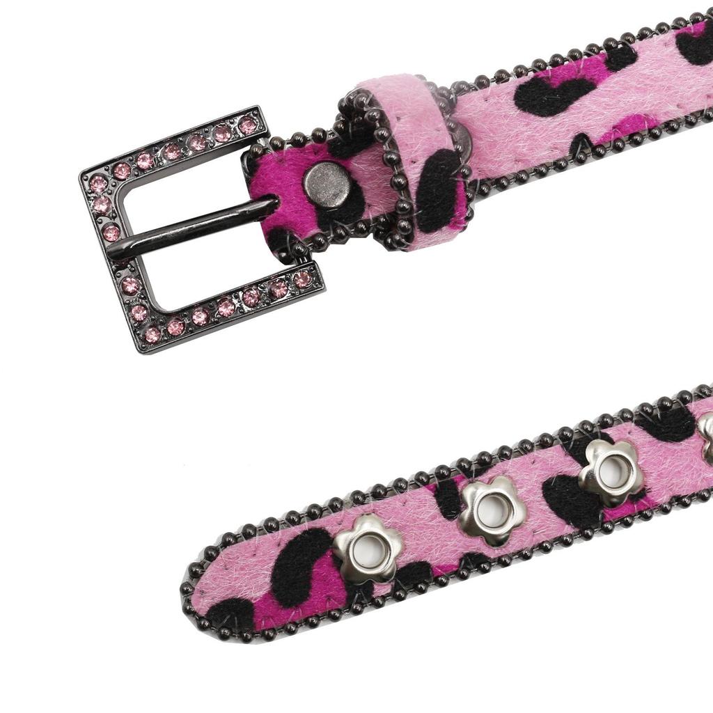 Luxury 2.3cm Leopard Print Leather Belt with Floral Eyelets & Rhinestones, No Punching Needed, Pin Buckle, Fully Diamond-Encrusted.