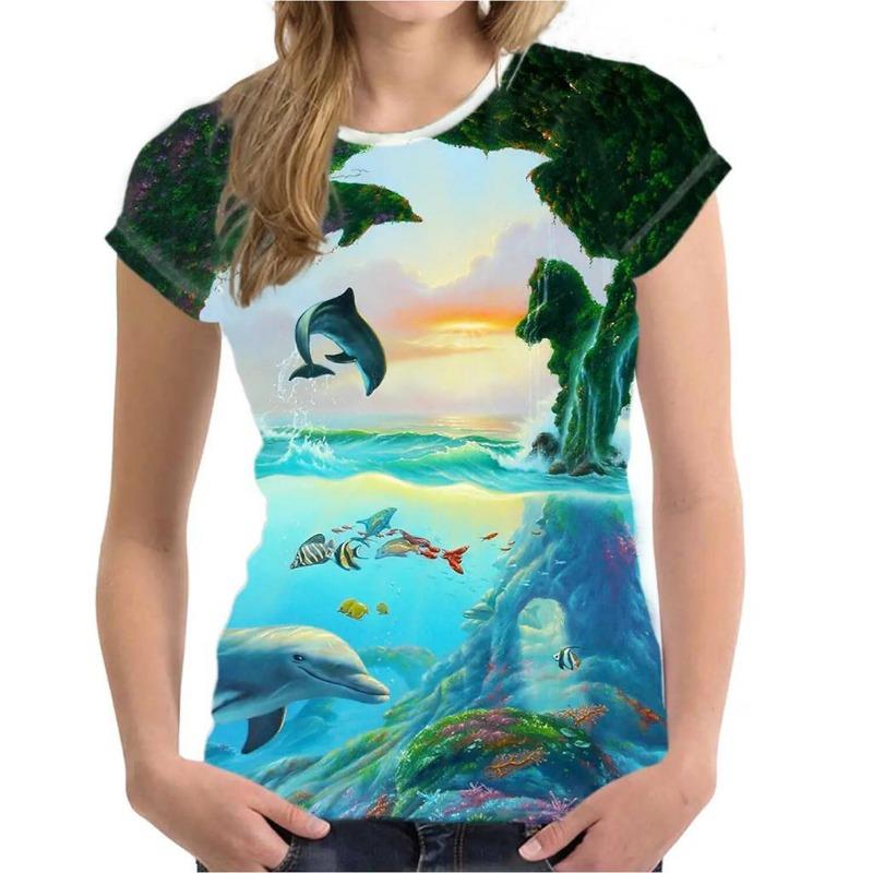 Women's T Shirt Dolphin Animal 3D Print Tee Summer Fashion Casual O-Neck Short Sleeve T-Shirts Y2k Tops Harajuku Female Clothing