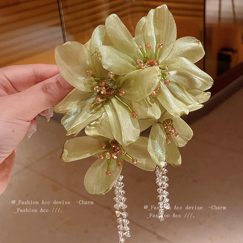 Silver Needle Crystal Tassel Flower Mesh Earrings - Elegant Niche Dangle for Women