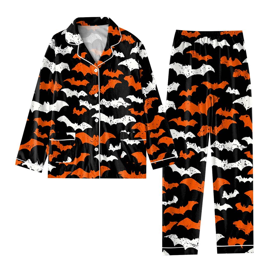 2-teiliger bedruckter Damen-Anzug, langärmelig, Oberteil mit Knopfleiste, weite Hosen, Anzug-Set, Schlafanzug, Home-Casual-Anzug