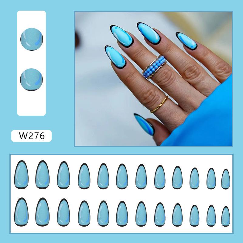Two-dimensional comic style, wearing nail almond-shaped fake nails, simple lake blue, fresh ins European and American style