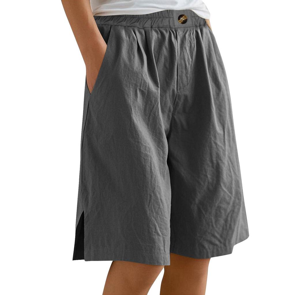 Women's Fashion Solid Color Pants Pocket Button Up Capris Loose Elastic Waist Cotton Linen Shorts