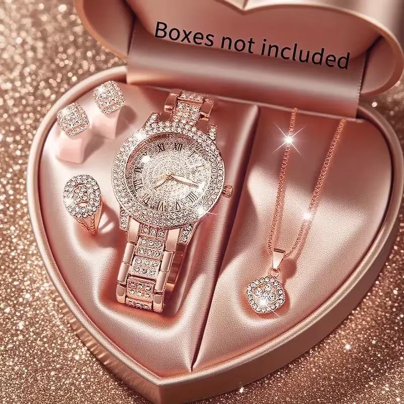 5Pcs Ladies Watch Set, Stylish Casual Ladies Quartz Watch And Necklace Ring Earrings Jewelry Set