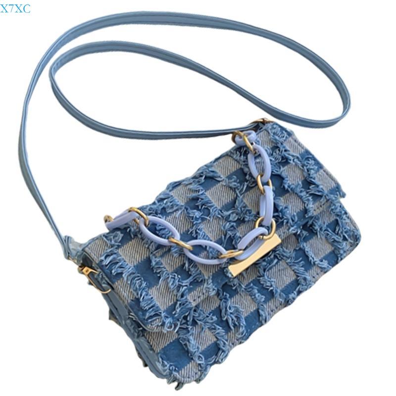 X7XC Korean Shoulder Bag with Adjustable Strap for Womens Chain Handle Denims Tassels Handbag Checkered Jeans Crossbody Purse