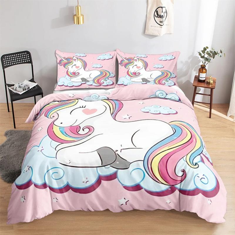 Kawaii Einhorn Buntes leuchtendes Einhorn-Kinderbettwäscheset für Mädchen Rosa Deluxe Bettbezug Bettwäscheset King Queen Bettbezug