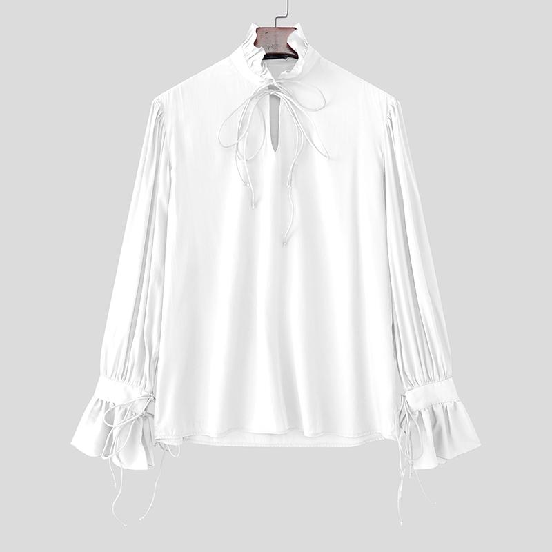 INCERUN Men Stand Neck Lace-up Long Sleeve Casual Oversized Elegant Shirts