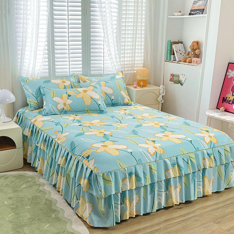 Floral Pattern Bed Skirt Set Mattress Anti Slip Protective Cover for Household Bedding Double Layered Skirt Dustproof Bed Cover