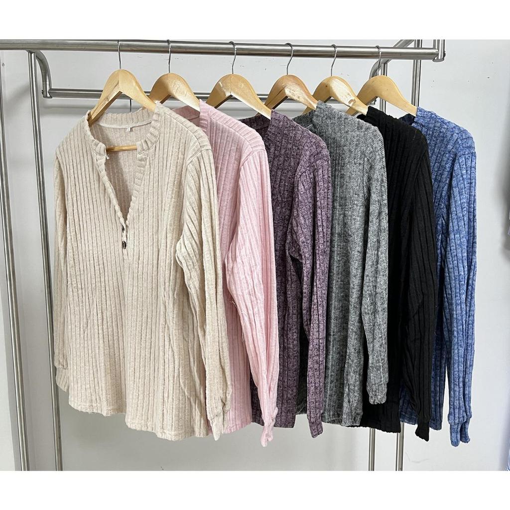 Loose Long Sleeve T-shirt Brushed Solid Color Women's Fall Winter New Leisure Ribbed Button