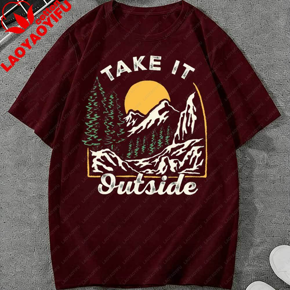 Retro Take It Outside Mountain Sunset TShirt Vintage Outdoor Graphic Cotton Casual Tops Perfect Gift for Hiking Camping Lovers