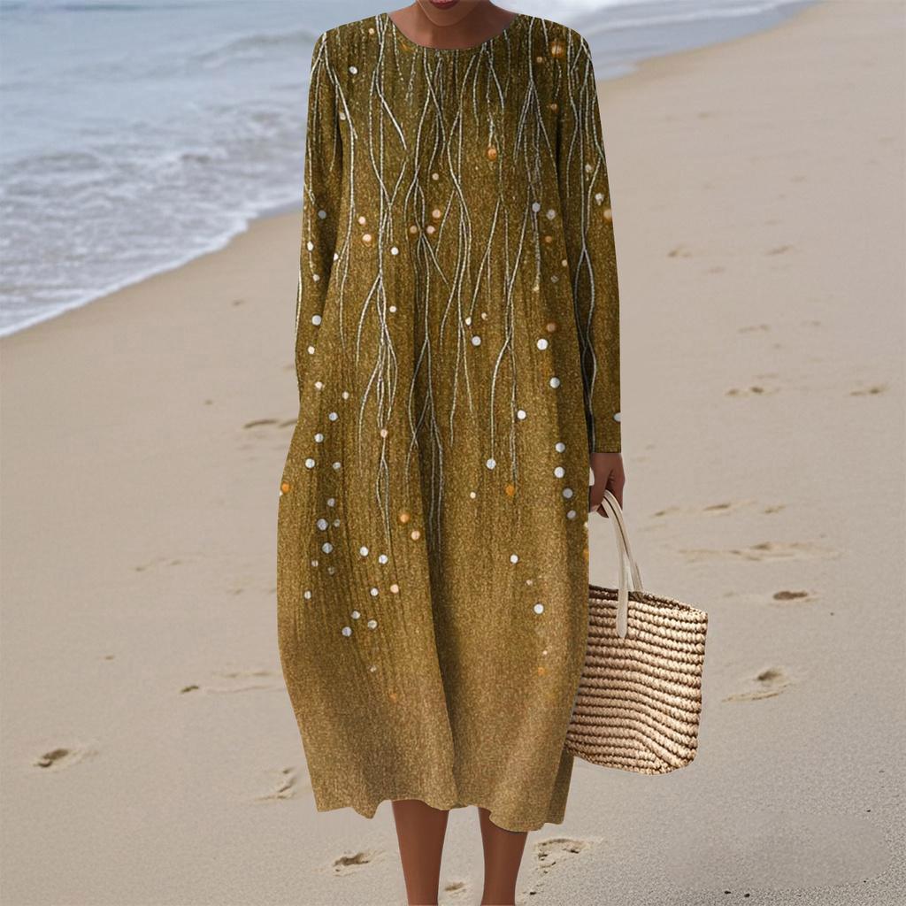 Women's Fashionable Casual Long-Sleeved Round Neck Floral Print Zipper Dress