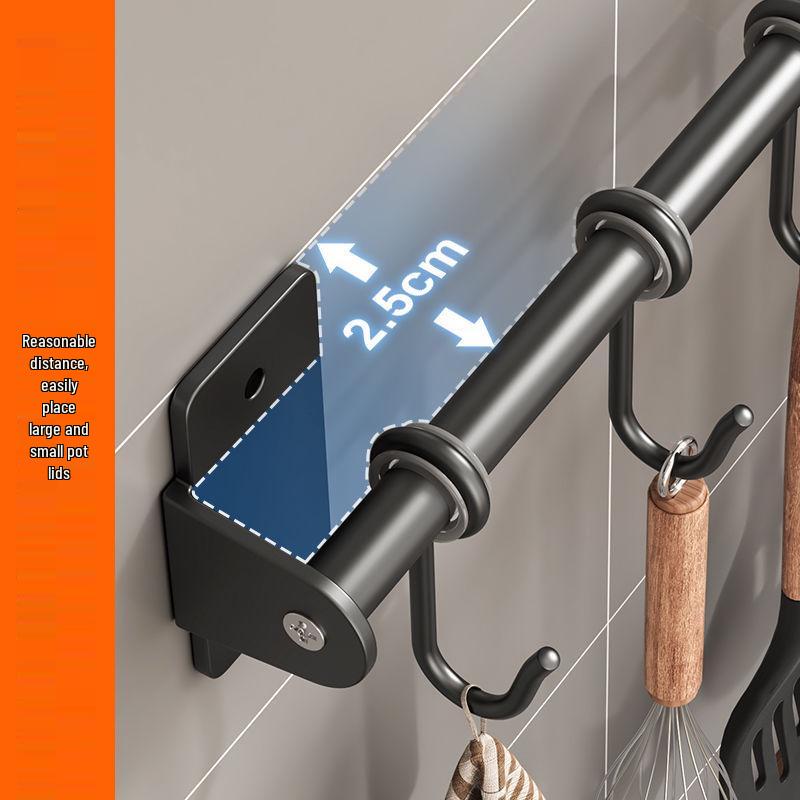 Punch-Free Wall-Mounted Kitchen Storage Rack with Hooks for Pots, Turners, and Spoons