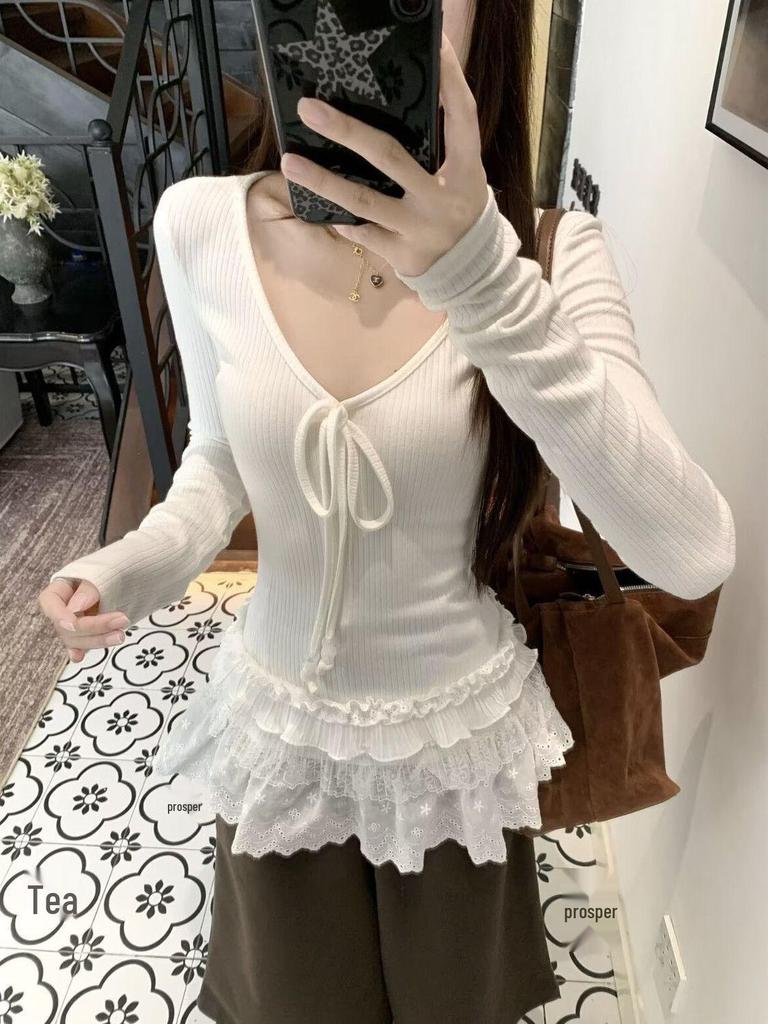White V-Neck Lace Trim Long-Sleeved T-Shirt with Tag