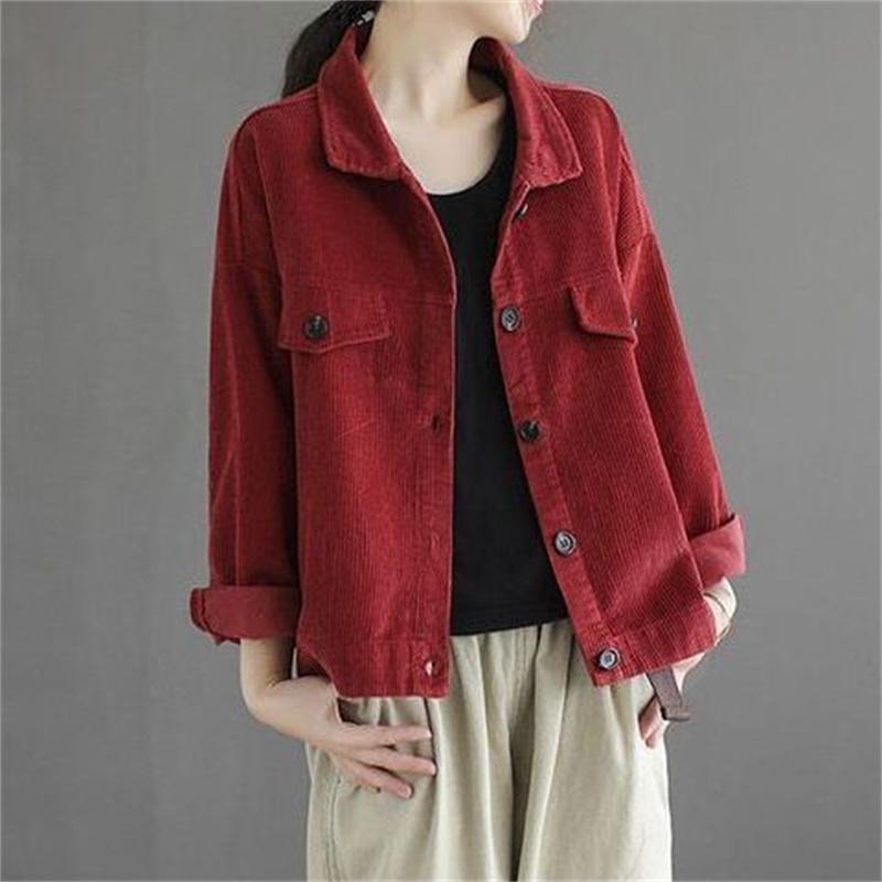 Corduroy Short Jacket Women In Spring Autumn, Solid Color, Lapel, New Loose, Small, Casual Striped Top