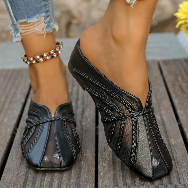 

Inner Heightened Mesh Hollow-out Stitched Leather Wrapped Half Slippers Women s New Summer Square Toe Mid-heel Cool Mop 35 чёрный