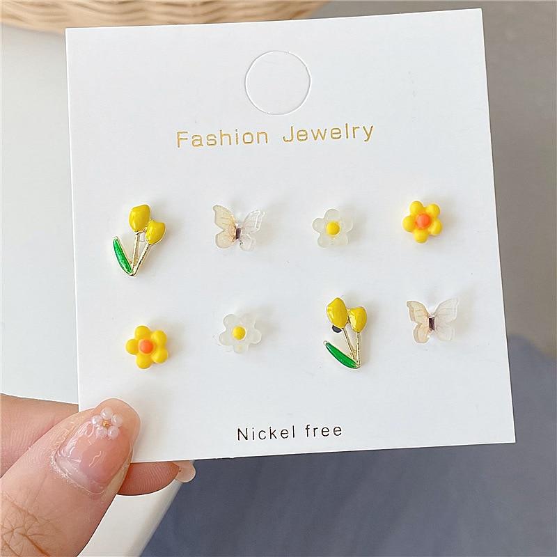 8 Pcs/set Girl Cute Acrylic Butterfly Flower Earrings Irregular Geometric Mini Studs Earrings Women Jewelry