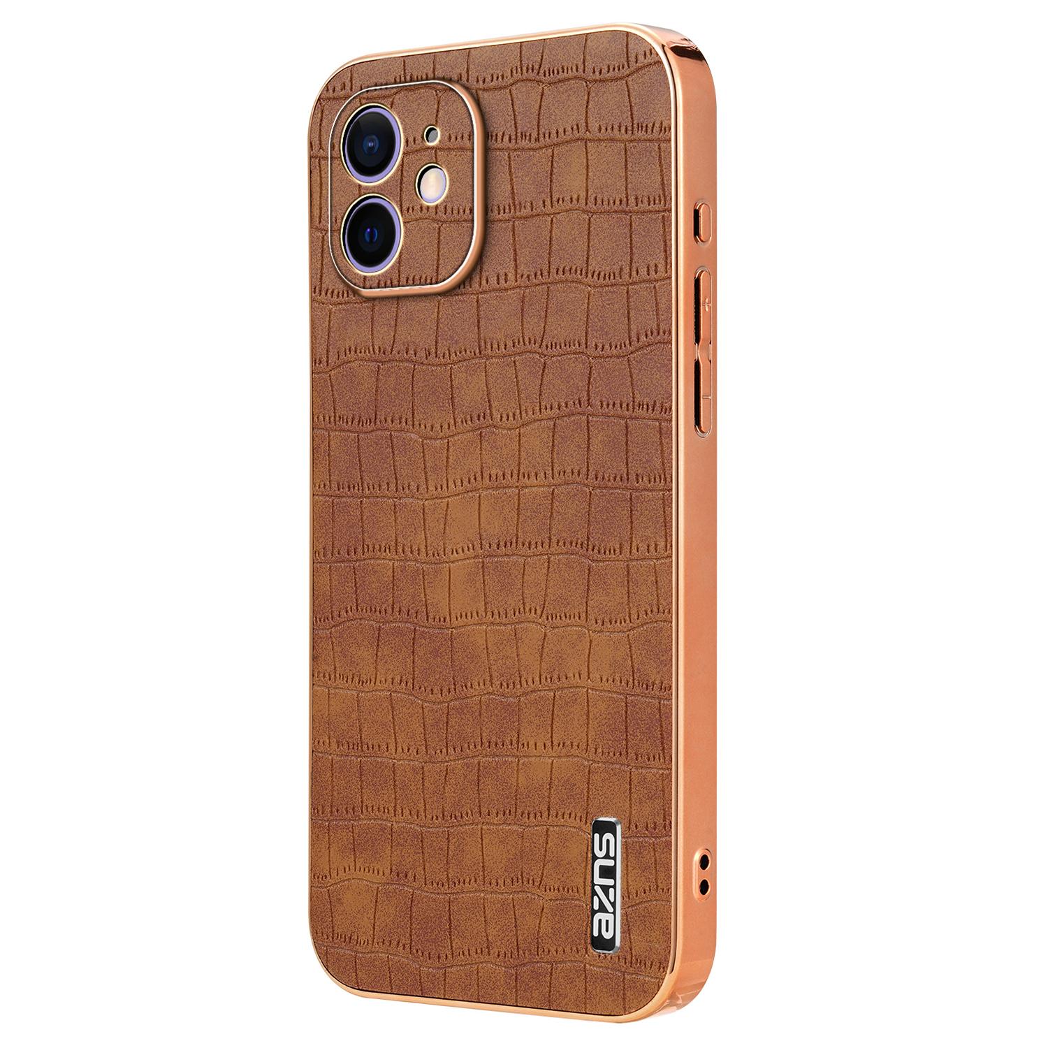 

For iPhone 11 Case Anti-Drop Crocodile Texture PU+TPU Phone Cover Brown