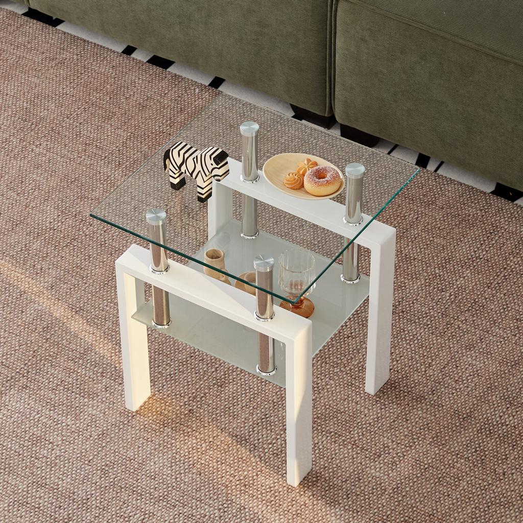 2 Pieces White Tempered Clear Glass End Table, 2-Layers Small Table with Storage, Living Room Side Table