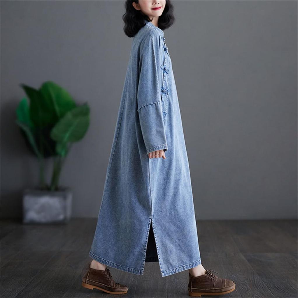 ZHENGTU Cheongsam Denim Long Sleeve Tunic Maxi Dress with Chinese Sizes Women's Dress, Dress, Ethnic, Figure-Flattering, Slit, Style, Retro,