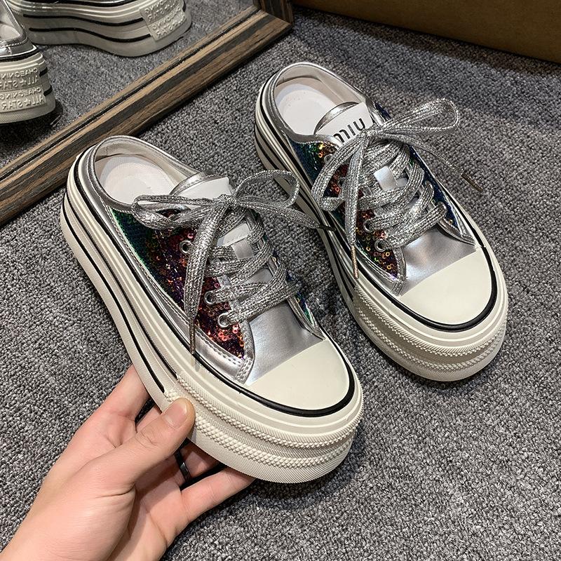 European products popular bag head half slippers women's 2025 spring new thick-soled heightening niche canvas shoes super fire white shoes