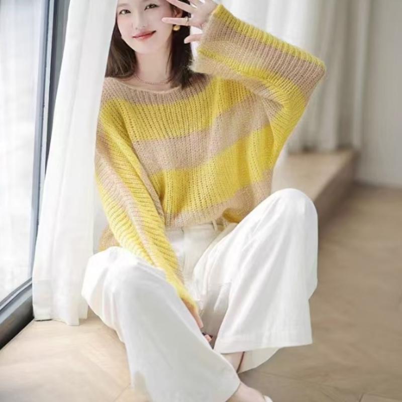 Yellow High-end Color-block Loose Striped Knitwear Designed Top Lazy Early Spring Elegant Thin Hollow Out
