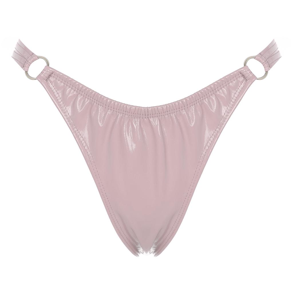 Womens Patent Leather Thong Underwear Elastic Waist O Ring Design Solid Color Glossy Briefs Nightclub Panties