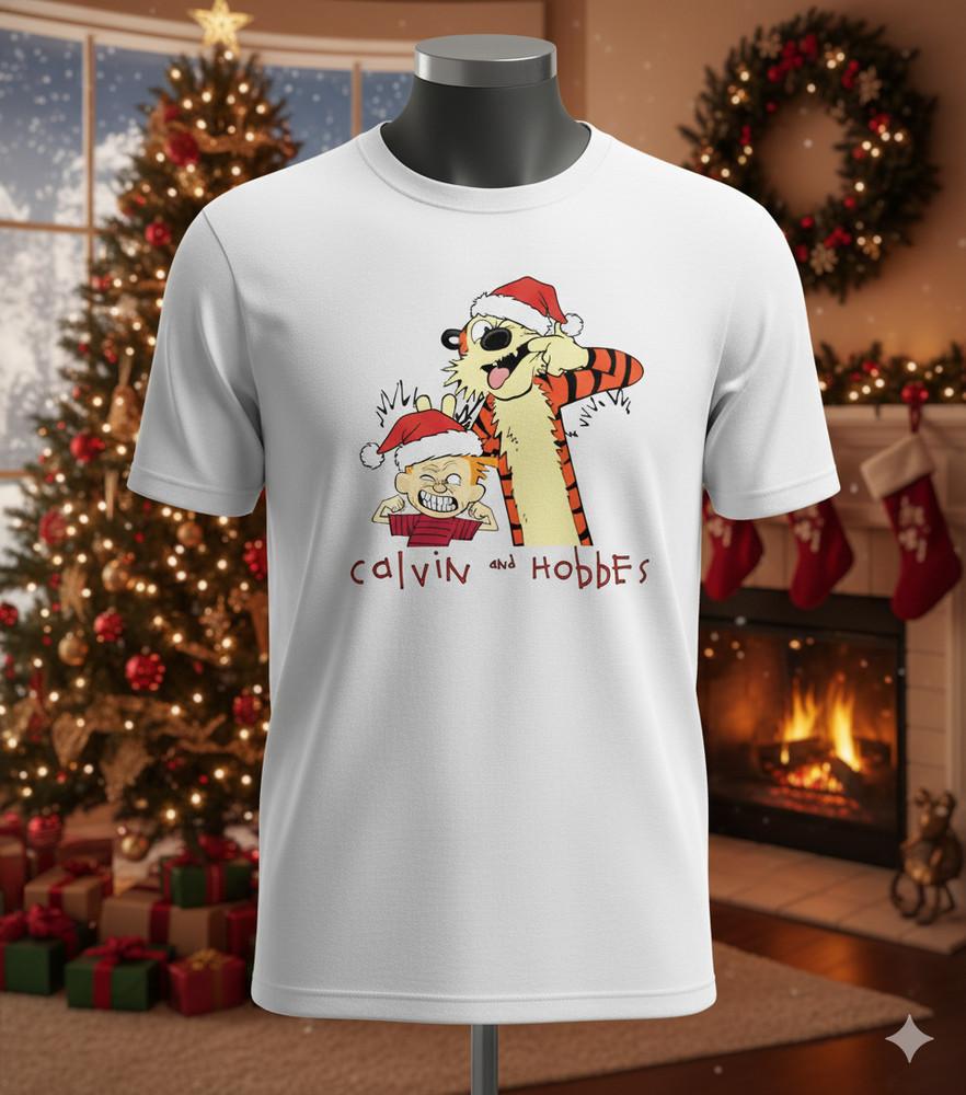 

Merry Christmas Calvin And Hobbes FUNNY White Cotton T Shirt Full Size KK2248 Unisex T-Shirt XXXXL