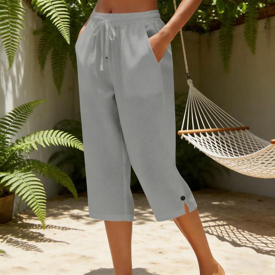 Women Cropped Pants Elastic High Waist Lace-up Straight Leg Casual Trousers with Pockets Breathable Summer Pants School Daily Wear