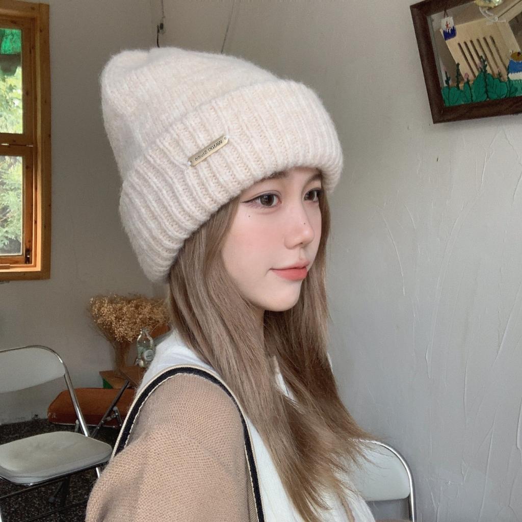 Big head circumference wool hat women's autumn and winter loose warm pile cold hat big face small knitted ear hat