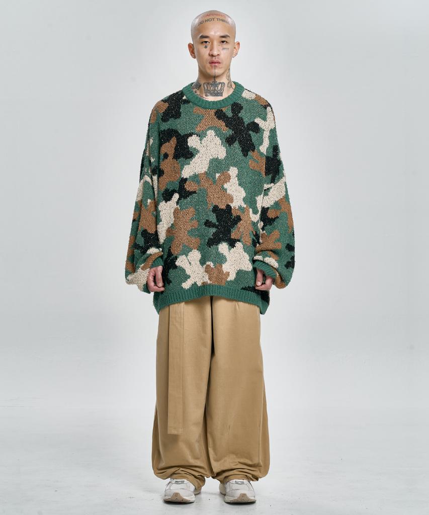 AJOBYAJO Teddy Bear Camouflage Knit Sweater [Khaki]