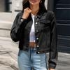 Women's Cropped Denim Jacket Long Sleeve Single Breasted Lapel Collar Casual Coat