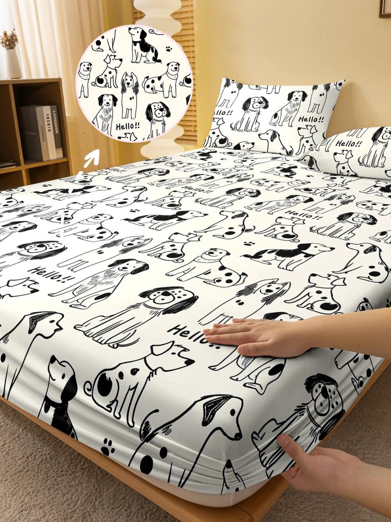 1 Cartoon Cute Animal Dog Printed Matte Fitted Sheet, Bedroom Printed Bed Cover, Bedding (Excluding Pillowcases)