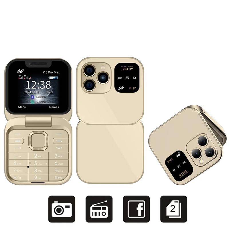 

НОВЫЙ i16 Pro Max Маленький раскладной мобильный телефон 4G Сеть Две SIM-карты Режим ожидания Запись вызовов Быстрый набор FM 1,77 Мини складной мобильный телефон золотой