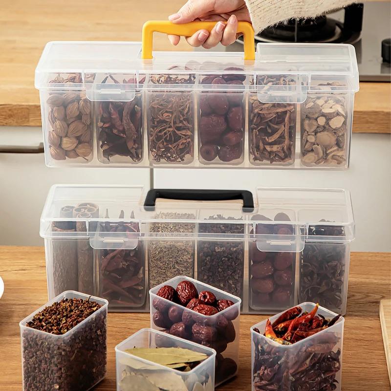 6 Grids Sealed Plastic Storage Box With Handle Portable Large Capacity Spice Storage Container Clear Kitchen Organizer