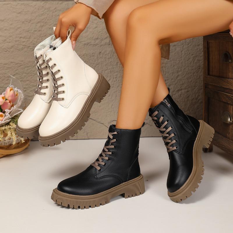 Fashion Fall New Block Heel Round Toe Lace-Up Front Side Zipper Platform Anti-Slip Wear-Resistant Short-Thigh Boots