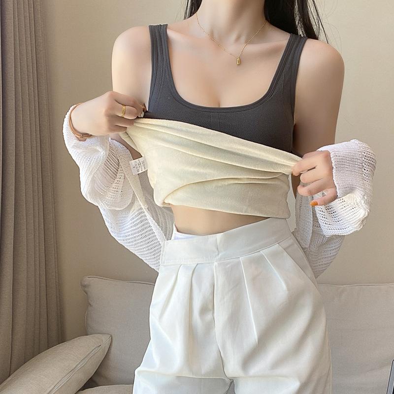 

Womens Fleece Lined U Neck Thermal Top Built In Bra Seamless Warm Layering Undershirt L темно-серого