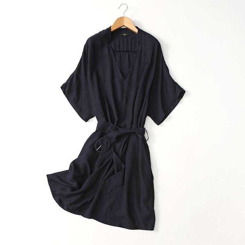 

Foreign Trade Order Plus size Export Fashion Temperament Advanced Sense Viscose Dress Women Summer V-neck Short sleeve Shirt Dress Navy blue 18