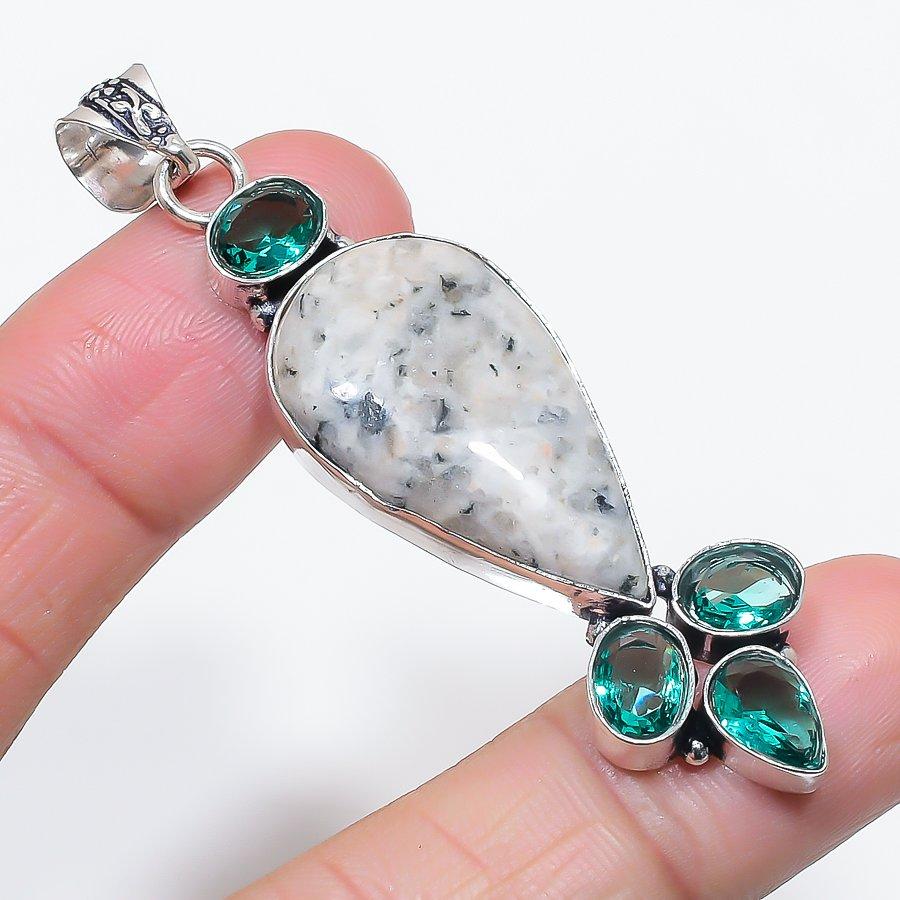 Natural K2 Blue Azurite, Diopside 925 Sterling Silver Jewelry Pendant 2.76" D3S74