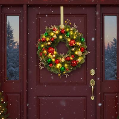 LED Lighted Christmas Door Wreath 8 Modes Hanging Decor Garland Timer Pine Decorations Wreath for Front Door Wall Windows Mantle