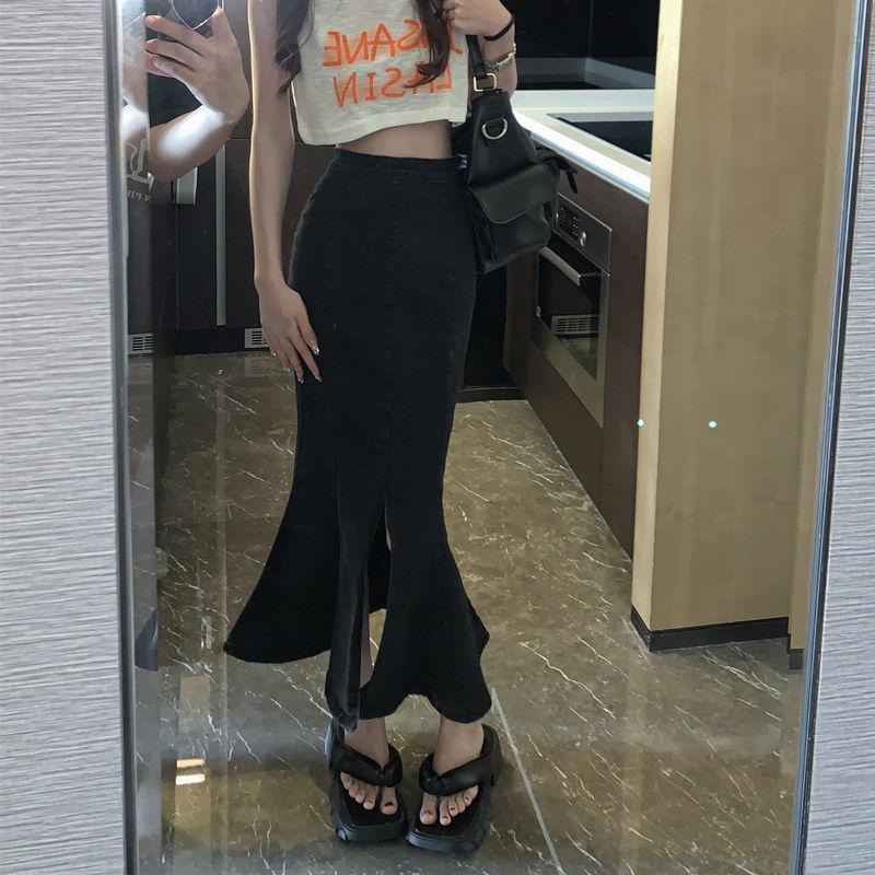 

Юбка-бюстье с рыбьим хвостом, женская тонкая летняя юбка-бюстье с оборками, джинсовая юбка средней длины с высокой талией, джинсовая юбка-бюстье XL чёрный