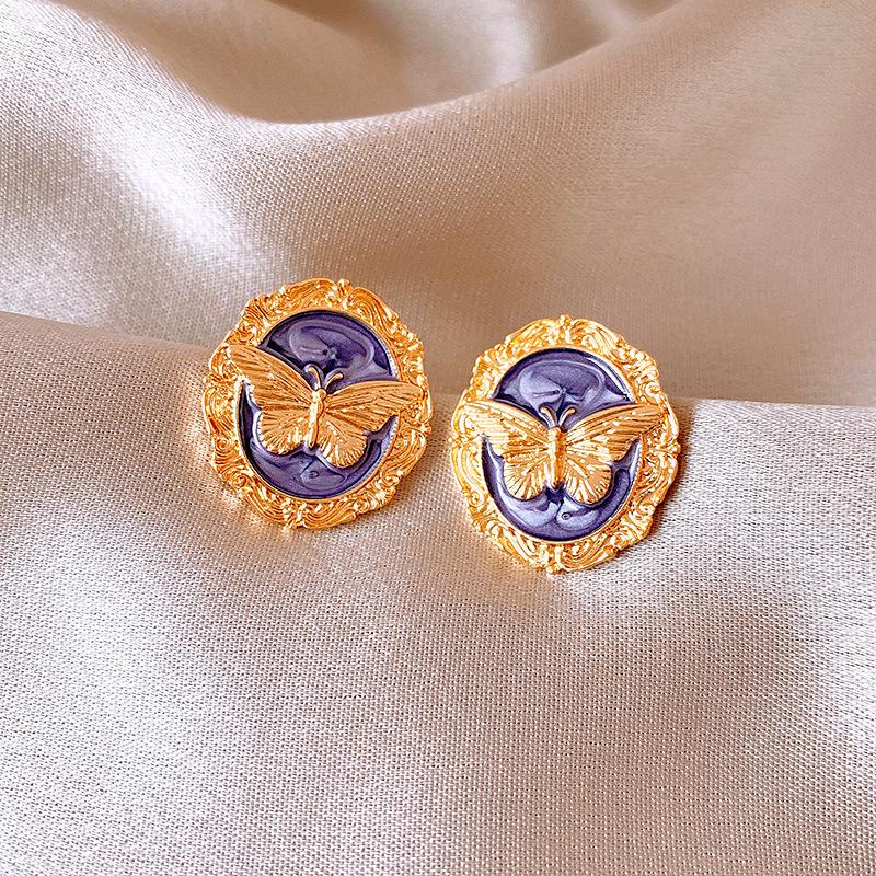 Silver Needle Medieval Round Oil Dripping Butterfly Earrings Personalized Exaggerated Earrings New Chinese Retro Earrings