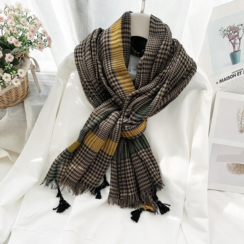 Classic thousand bird grid scarf female, simple style fringed grid silk scarf shawl scarf
