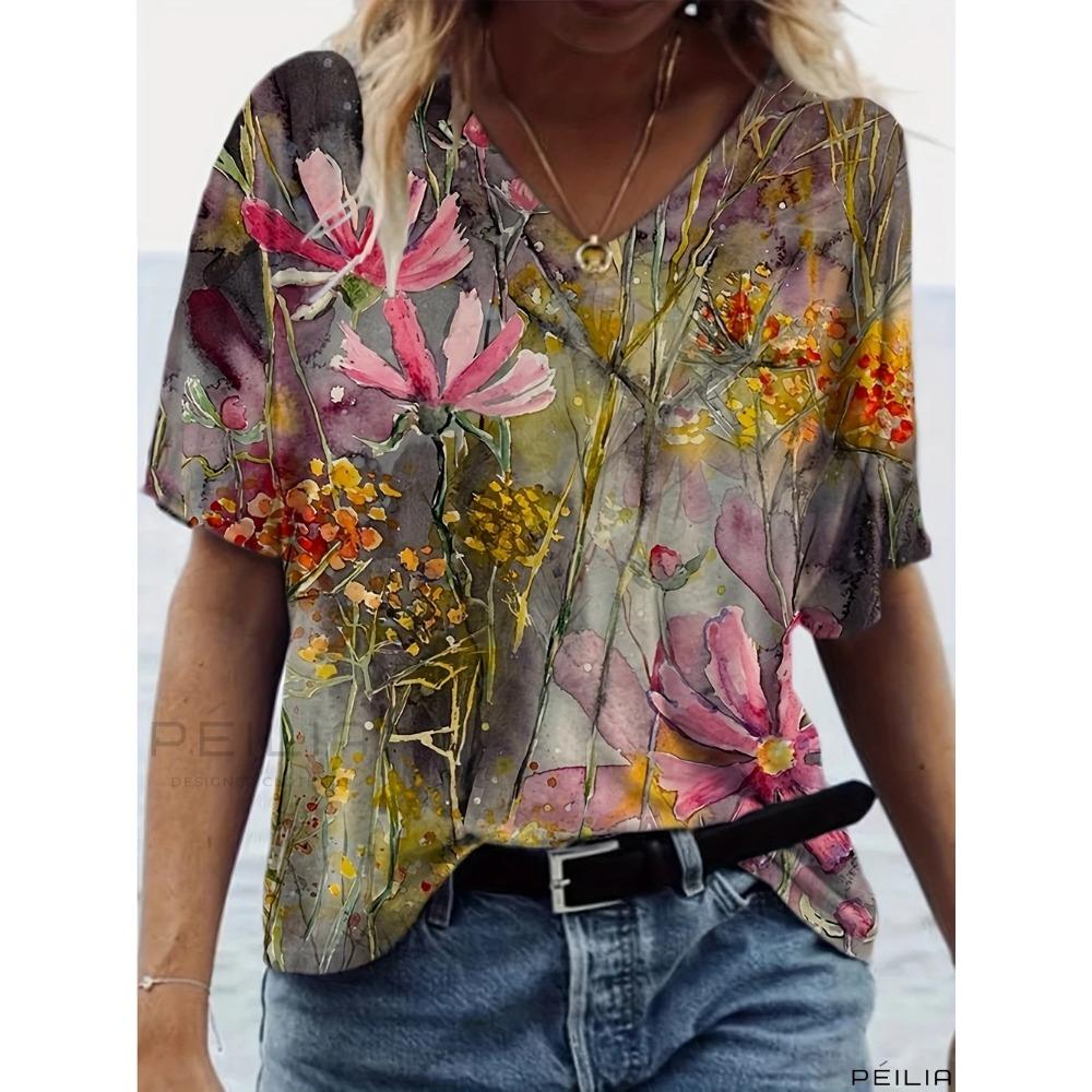 3D retro printed V-neck short sleeved shirt, fashionable women's T-shirt clothing