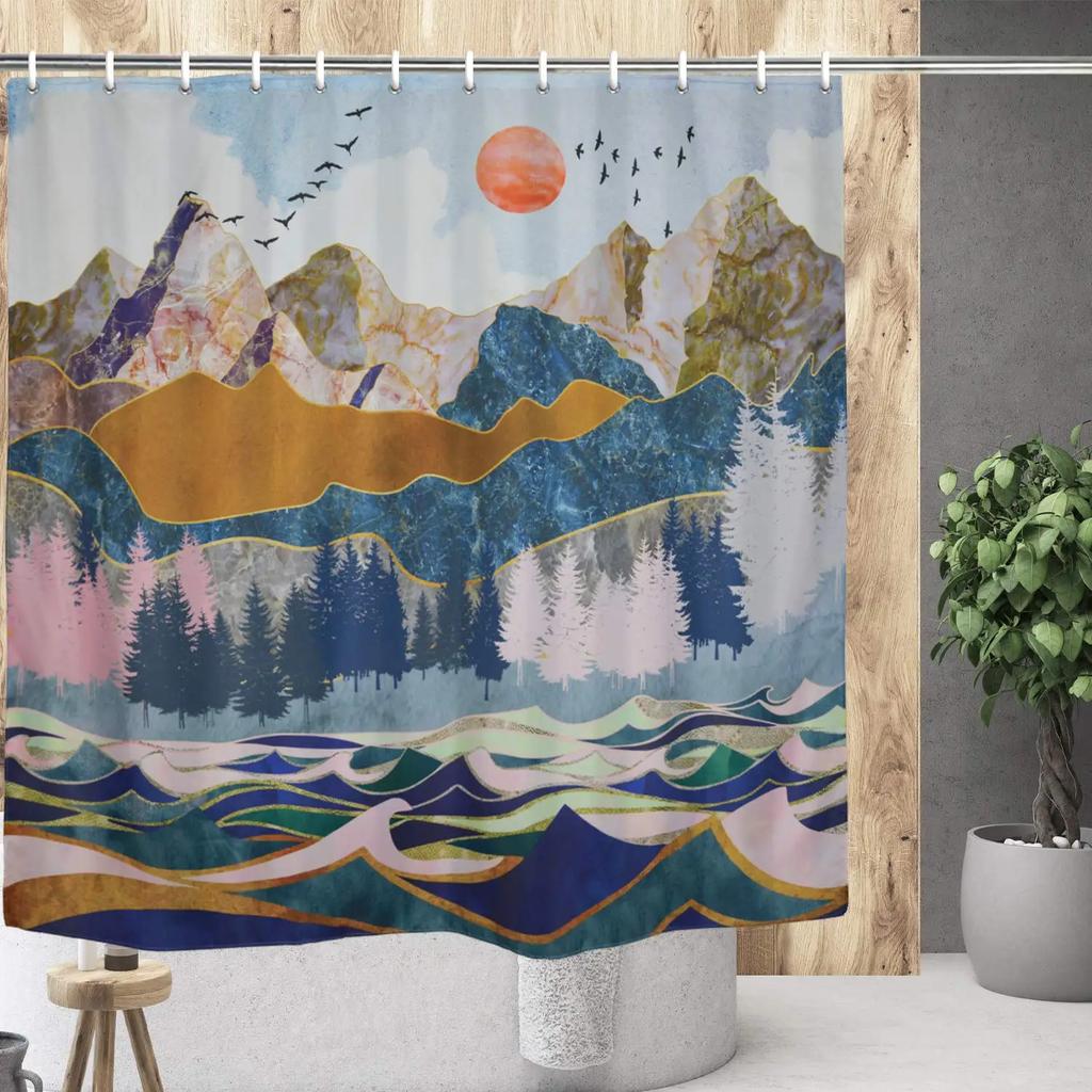 Ocean Mountain Peak Landscape Shower Curtains Chinese Style Art Light Luxury Home Decor Bedroom Bathroom Curtain with 12 Hooks