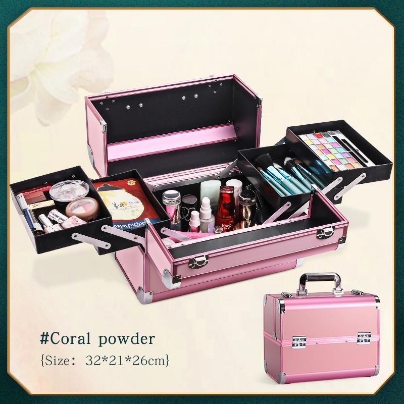Professional Large Makeup Train Case 4 Trays Cosmetic Cases, Large Makeup Storage Organizer Box with Lock Aluminum Frame